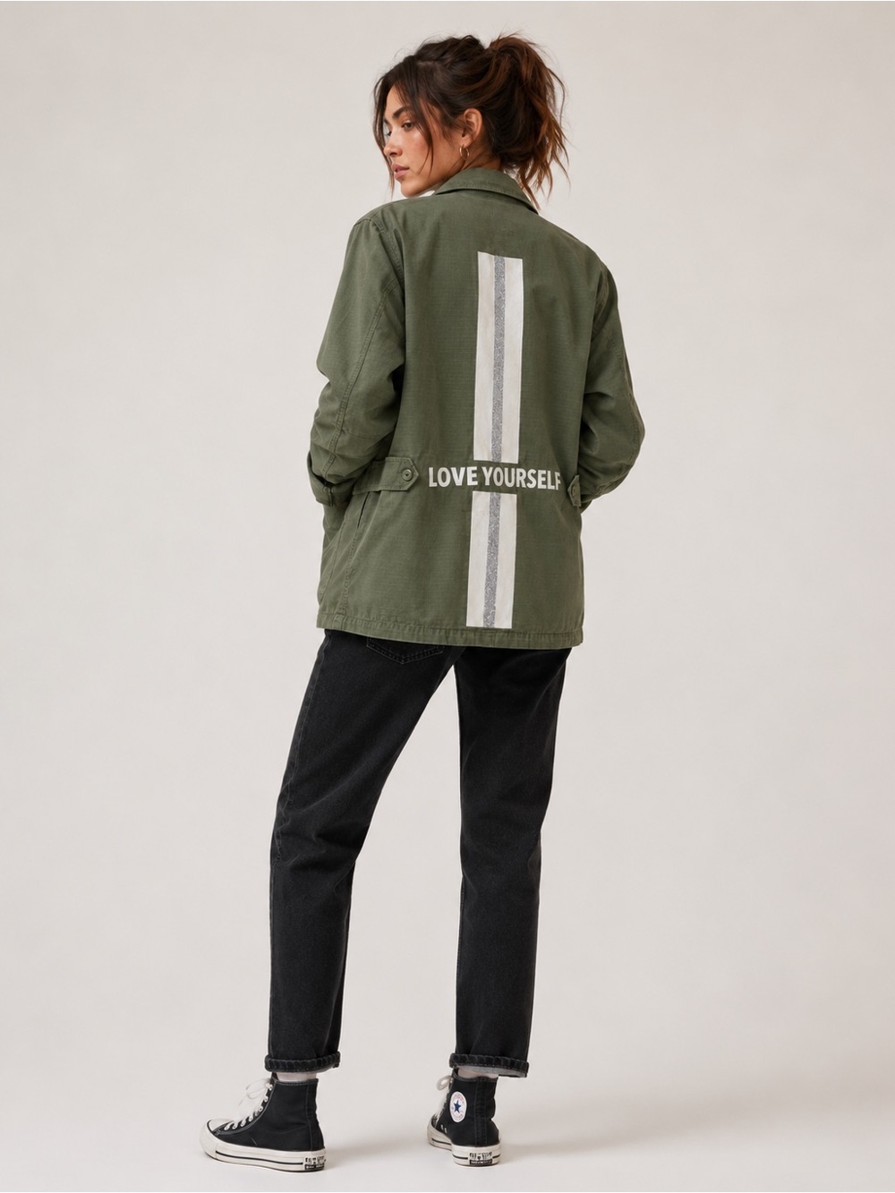 Hipchik Couture Olive Green Utility Jacket “Love Yourself” Graphic Back